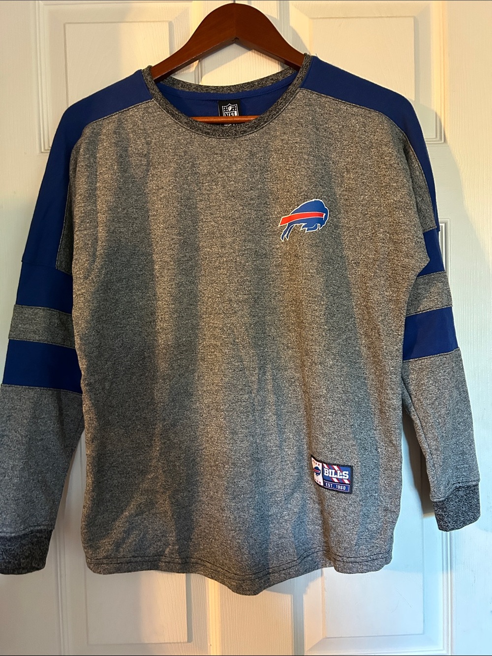 Buffalo Bills NFL Gray Crewneck with Blue Shoulder Stripes